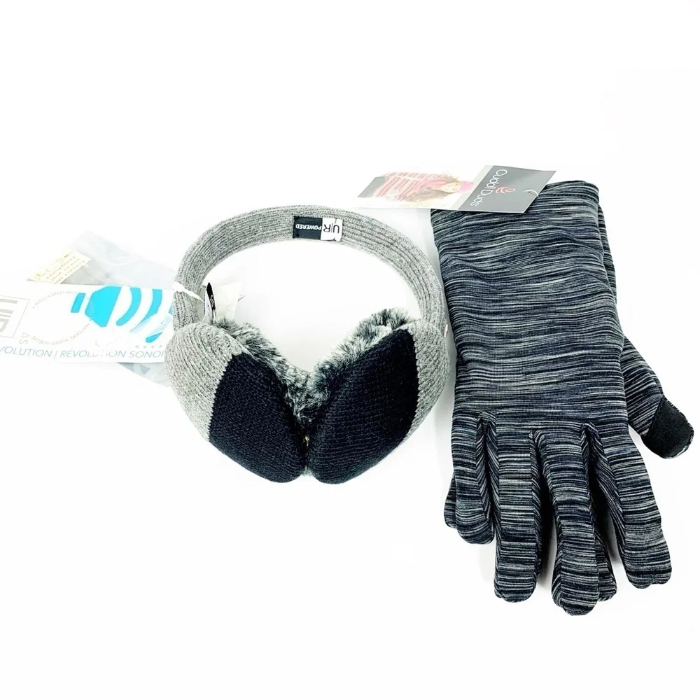 Touchscreen Grey Fleece Lined Gloves | Earmuff Audio Headphones Cords Included